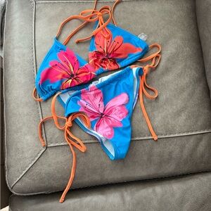 Tropical Blue and Orange Floral Bikini Set